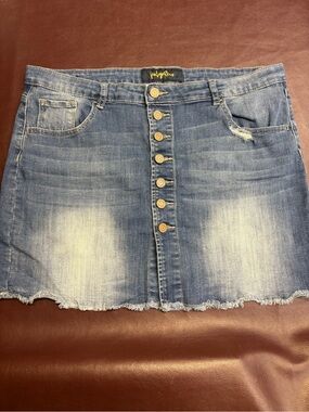 Indigo Rein Light Blue Distressed Button-Front Denim Mini Skirt